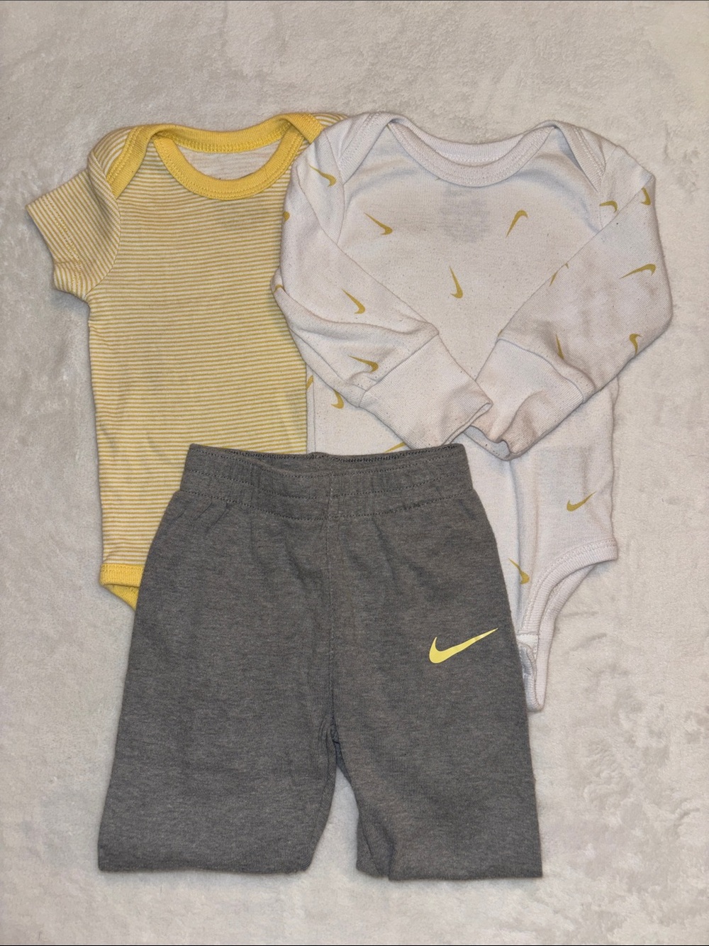 Nike Yellow, White & Gray Baby Bodysuit Set with sweat pants 6 month